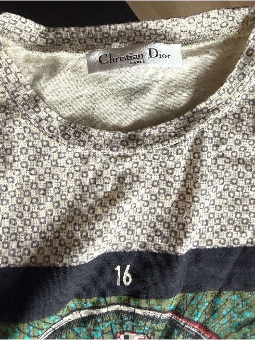 Dior White Patterned Short Sleeve Tee with Multicolor 'La Tour' Graphic - Picture 3 of 5